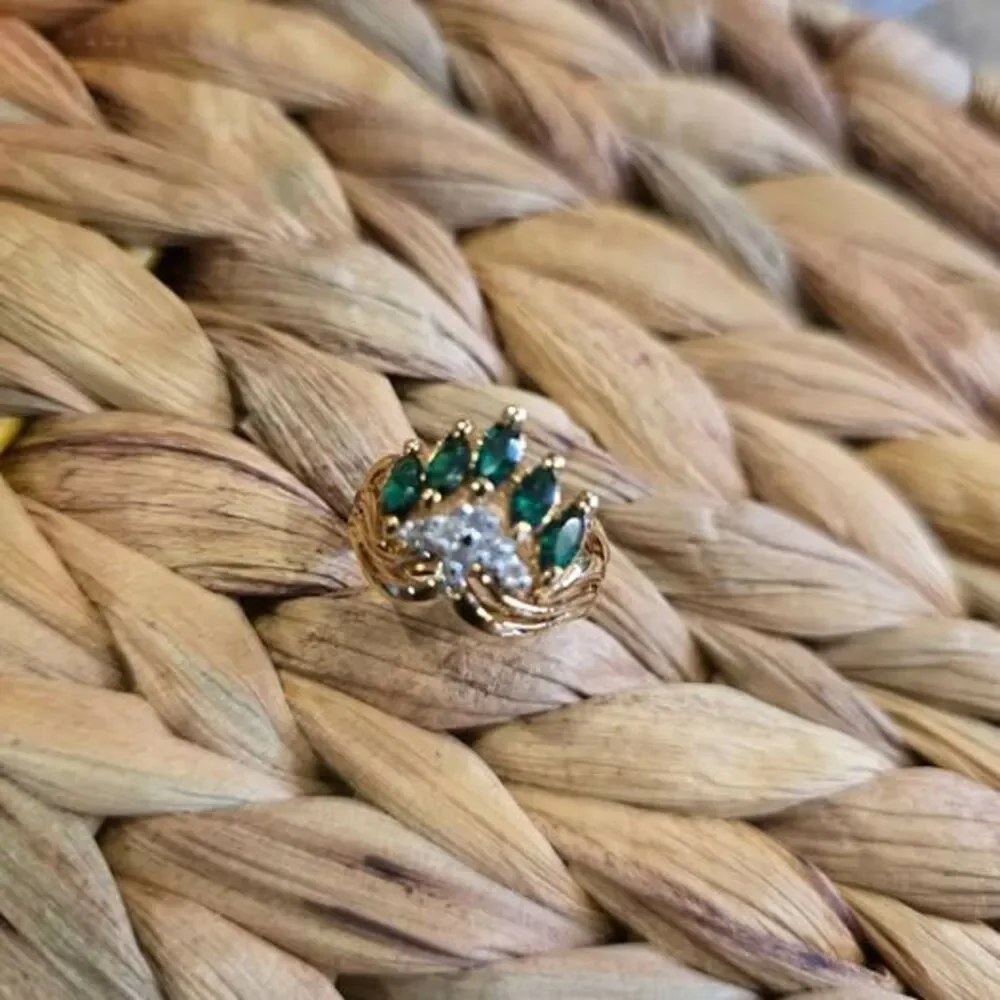 Marquise Green Stone and CZ Ring. Sz 5.75